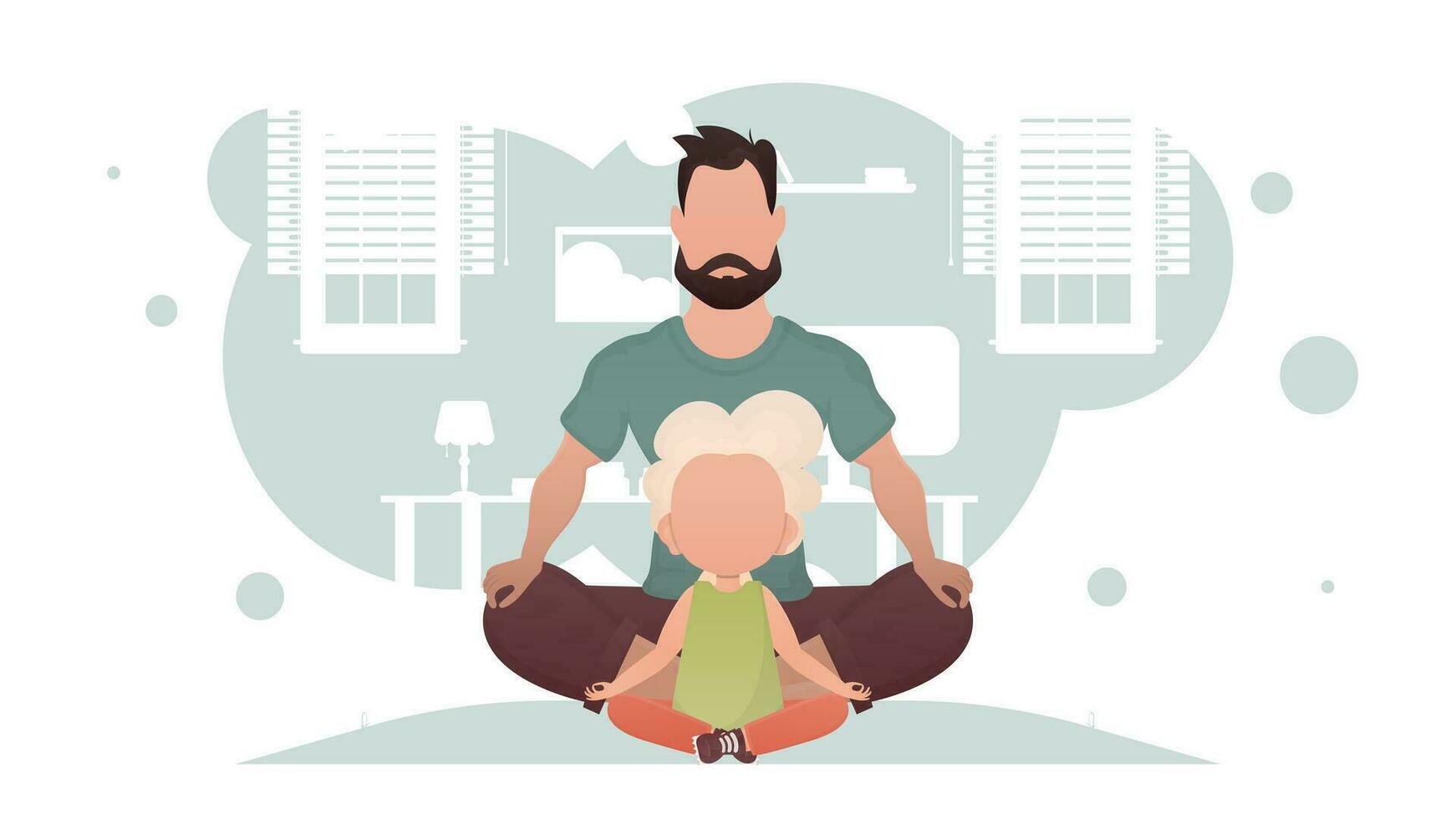 papá y hija son sentado meditando en el loto posición. yoga. dibujos animados estilo. vector