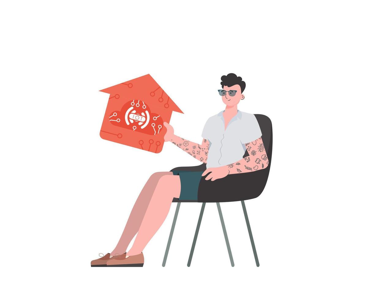 A man sits in a chair and holds a house icon in his hands. Internet of things concept. Isolated. illustration in flat style. vector