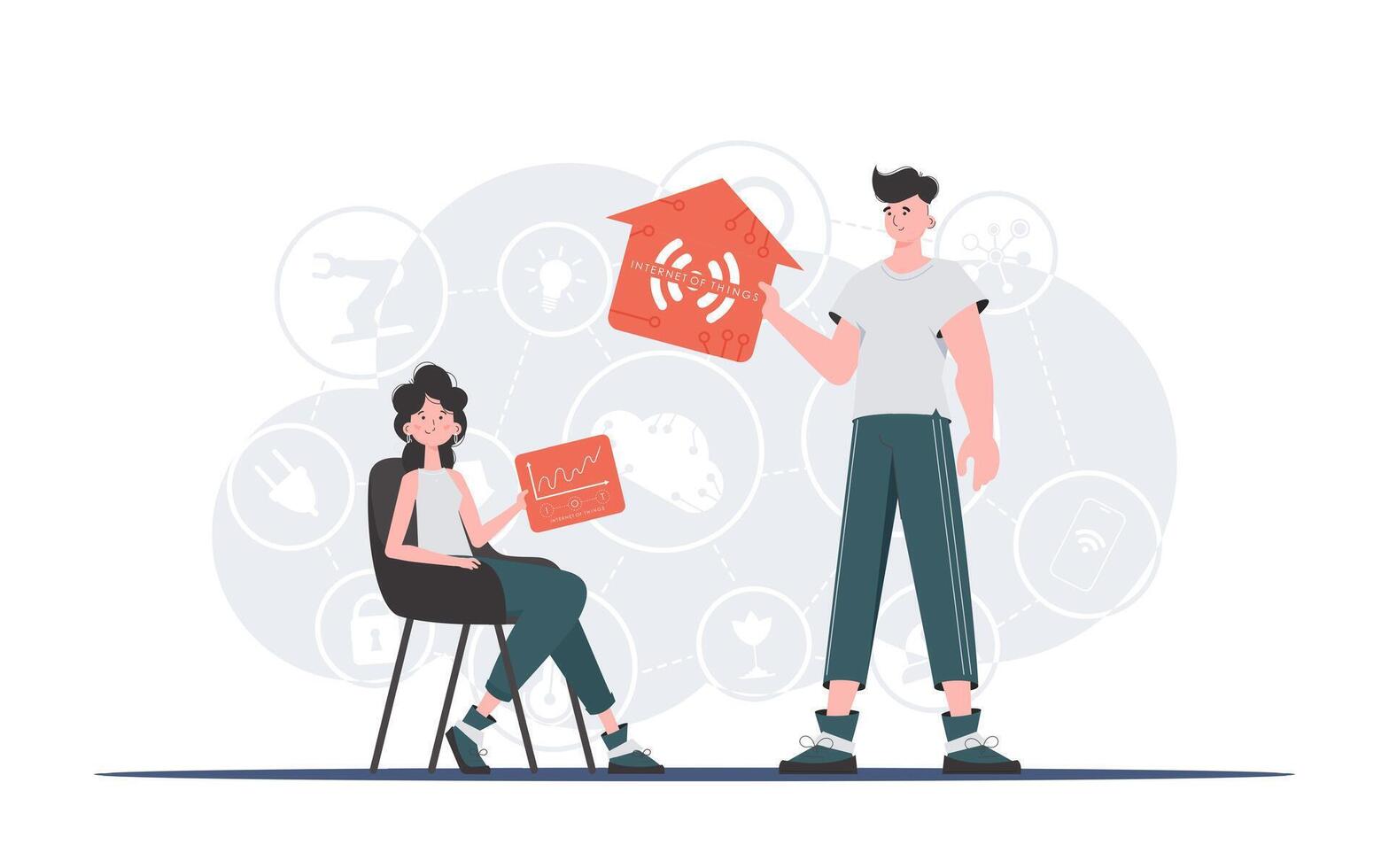 Internet of things concept. A man and a woman are a team in the field of the Internet of things. Good for presentations and websites. illustration in flat style. vector