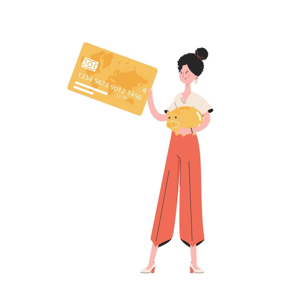 A woman stands in full growth holding a credit card in her hands. Isolated. Flat style. Element for presentations, sites. vector