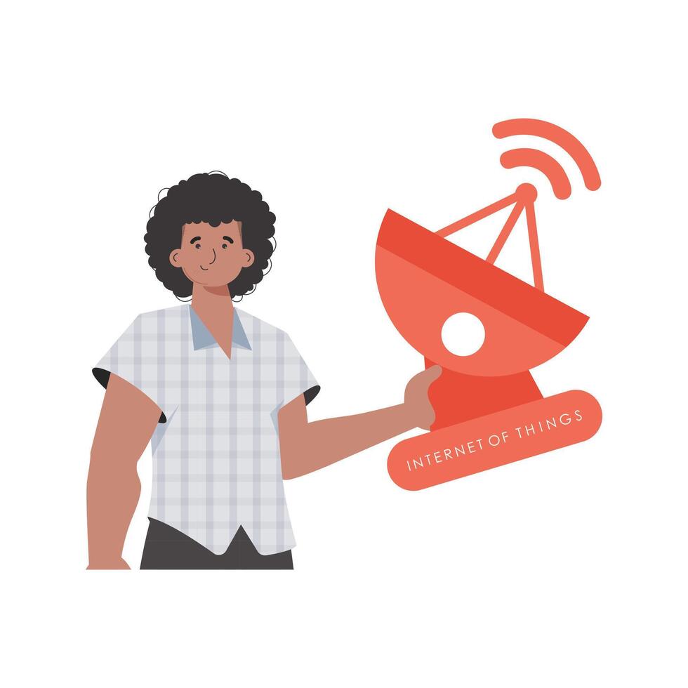 IOT and automation concept. The guy is holding a satellite dish in his hands. Isolated. Trendy flat style. illustration. vector