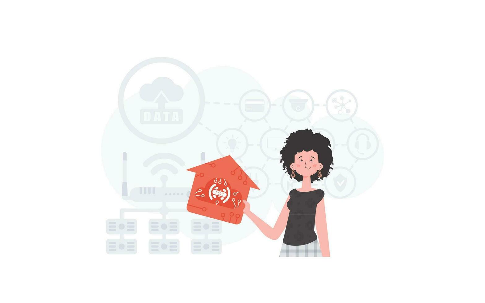 The woman is depicted waist-deep, holding an icon of a house in her hands. IOT and automation concept. Good for presentations and websites. Vector illustration in trendy flat style.