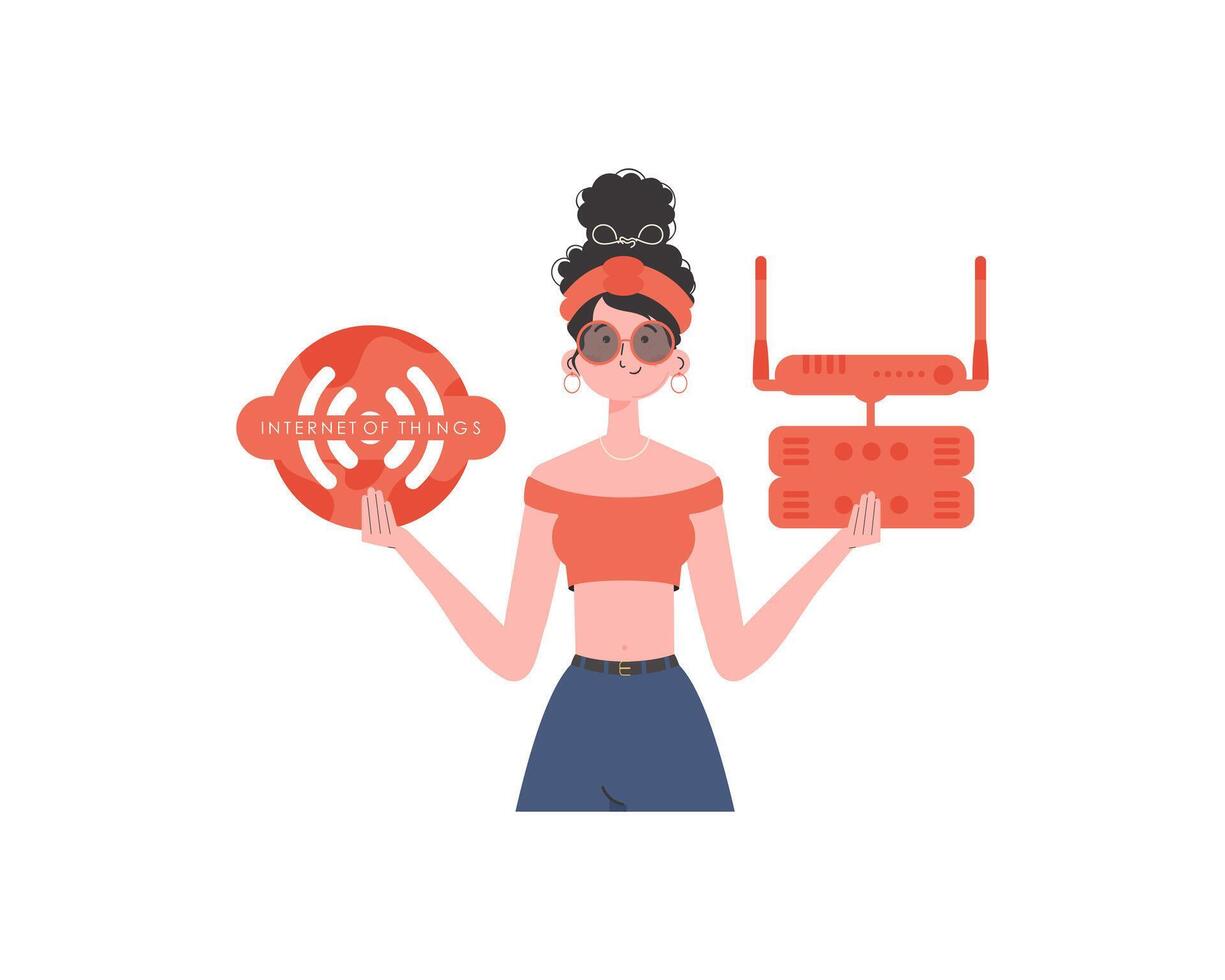 A woman holds the internet of things logo in her hands. Router and server. IoT concept. Isolated. Trendy flat style. illustration. vector