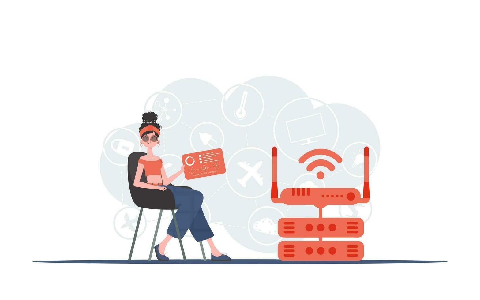 Internet of things concept. A woman sits in a chair and holds a panel with analyzers and indicators in her hands. Good for websites and presentations. Vector illustration.