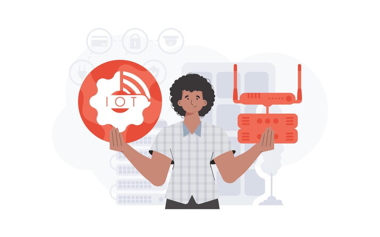 IoT concept. A man holds the internet of things logo in her hands. Router and server. Good for presentations and websites. Trendy flat style. illustration. vector