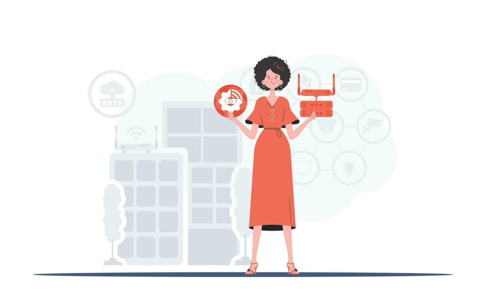 Internet of things and automation concept. A woman is holding an internet thing icon in her hands. Router and server. Good for presentations and websites. Vector illustration in flat style.