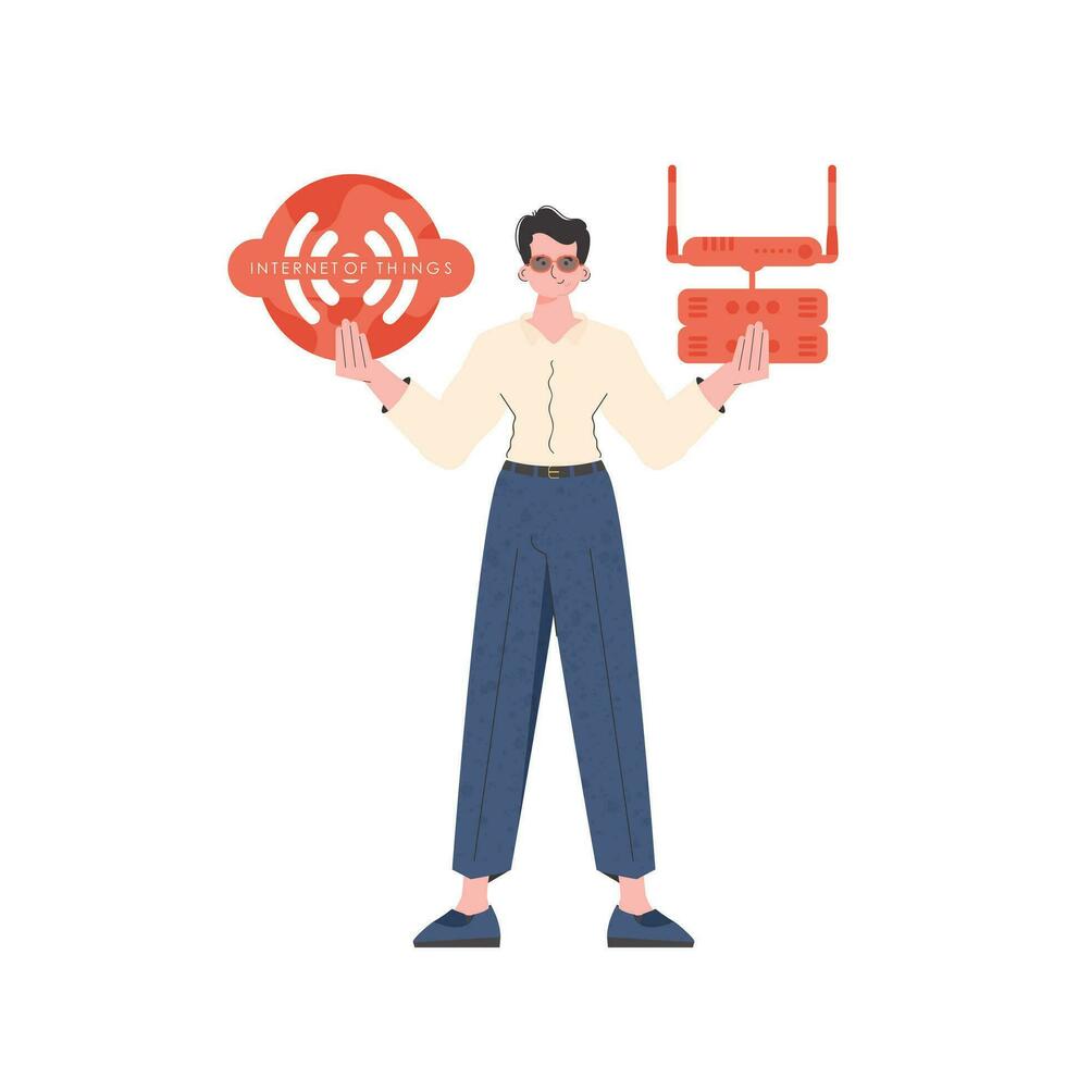 un hombre sostiene un Internet cosa icono en su manos. enrutador y servidor. Internet de cosas concepto. aislado. vector ilustración.