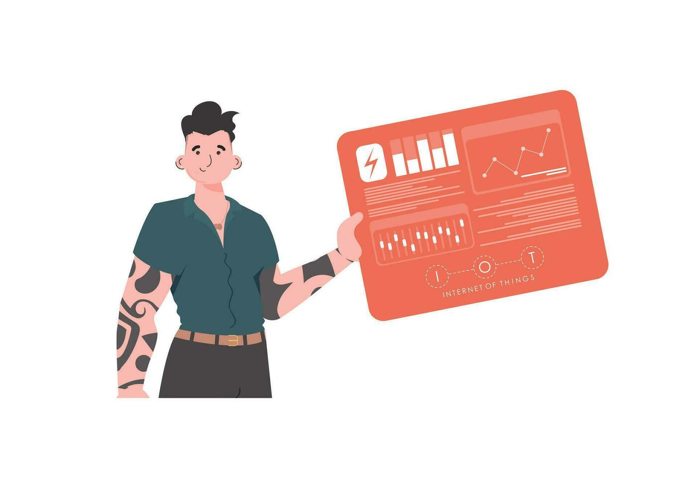 A man holds a panel with analyzers and indicators in his hands. IoT concept. Isolated. Vector illustration in flat style.