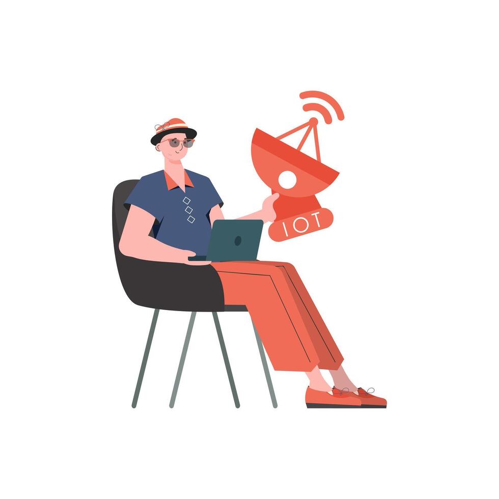 Internet of things and automation concept. The guy is holding a satellite dish in his hands. Isolated on white background. Trendy flat style. illustration. vector