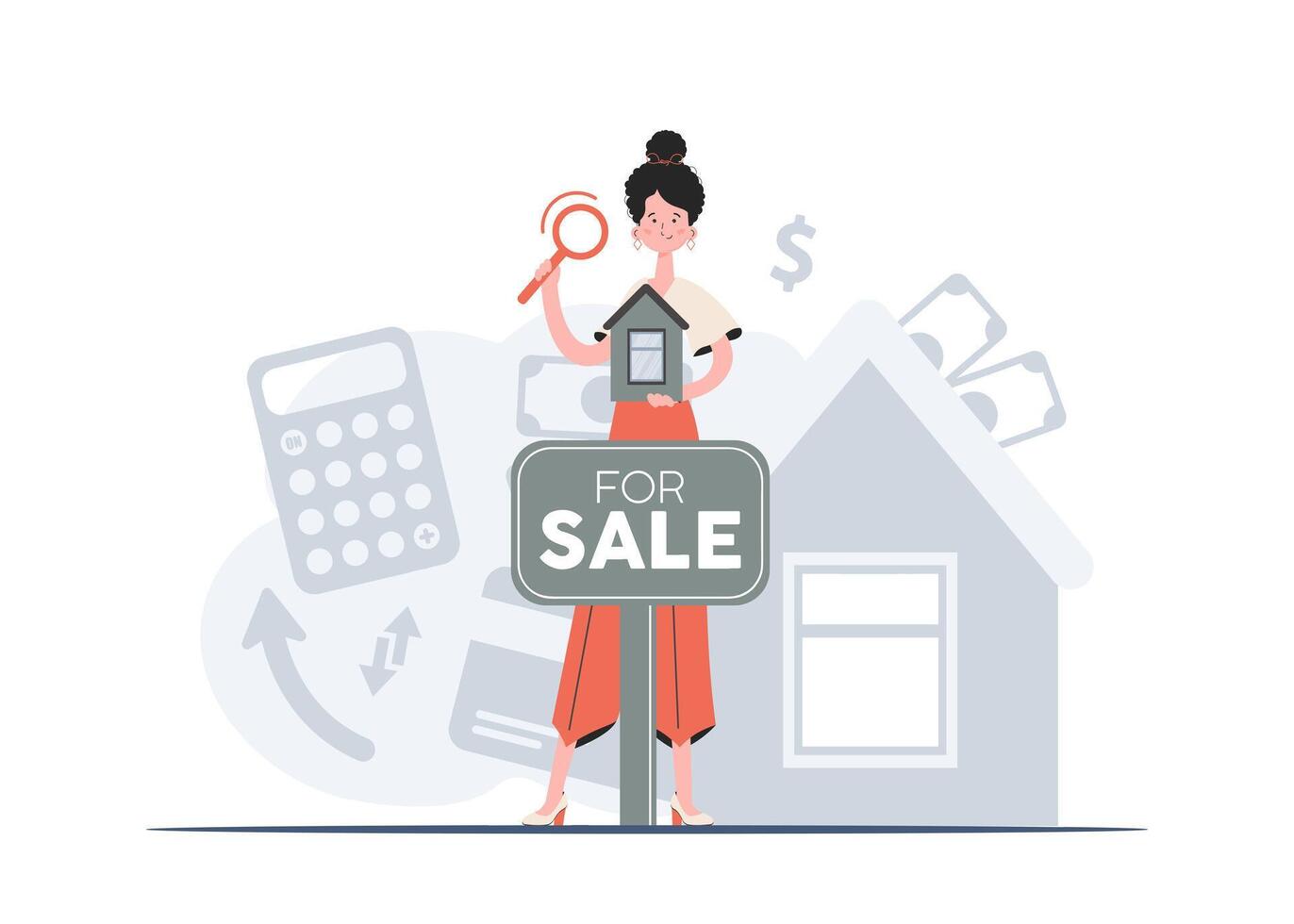 A woman stands in full growth holding a model of the house in her hands. Property search. Flat style. Element for presentations, sites. vector