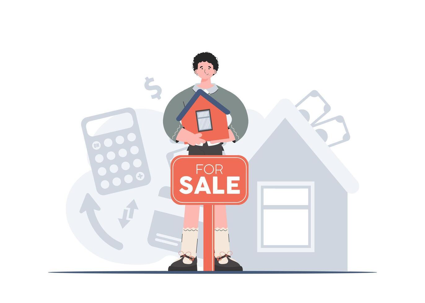 A man stands in full growth is engaged in the sale of a house. Property For Sale. Flat style. Element for presentations, sites. vector