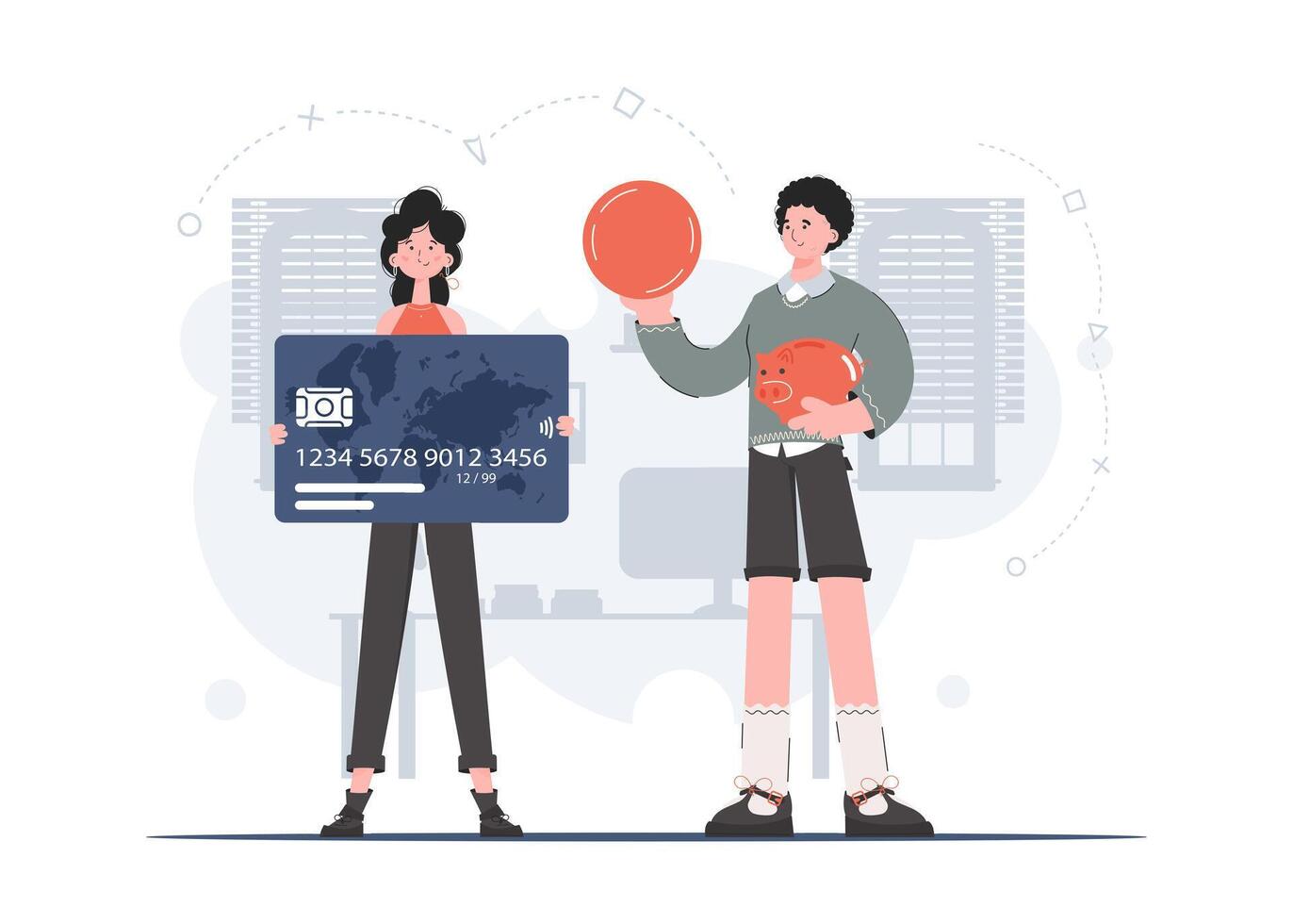 A woman and a man stand in full growth with a piggy bank and a credit card in their hands. Saving. Flat style. Element for presentations, sites. vector