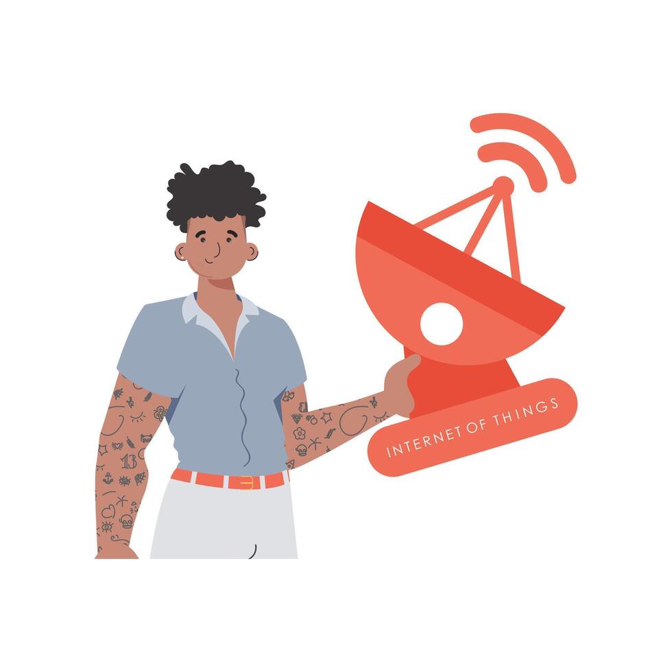 IOT and automation concept. The guy is holding a satellite dish in his hands. Isolated on white background. Vector illustration in trendy flat style.