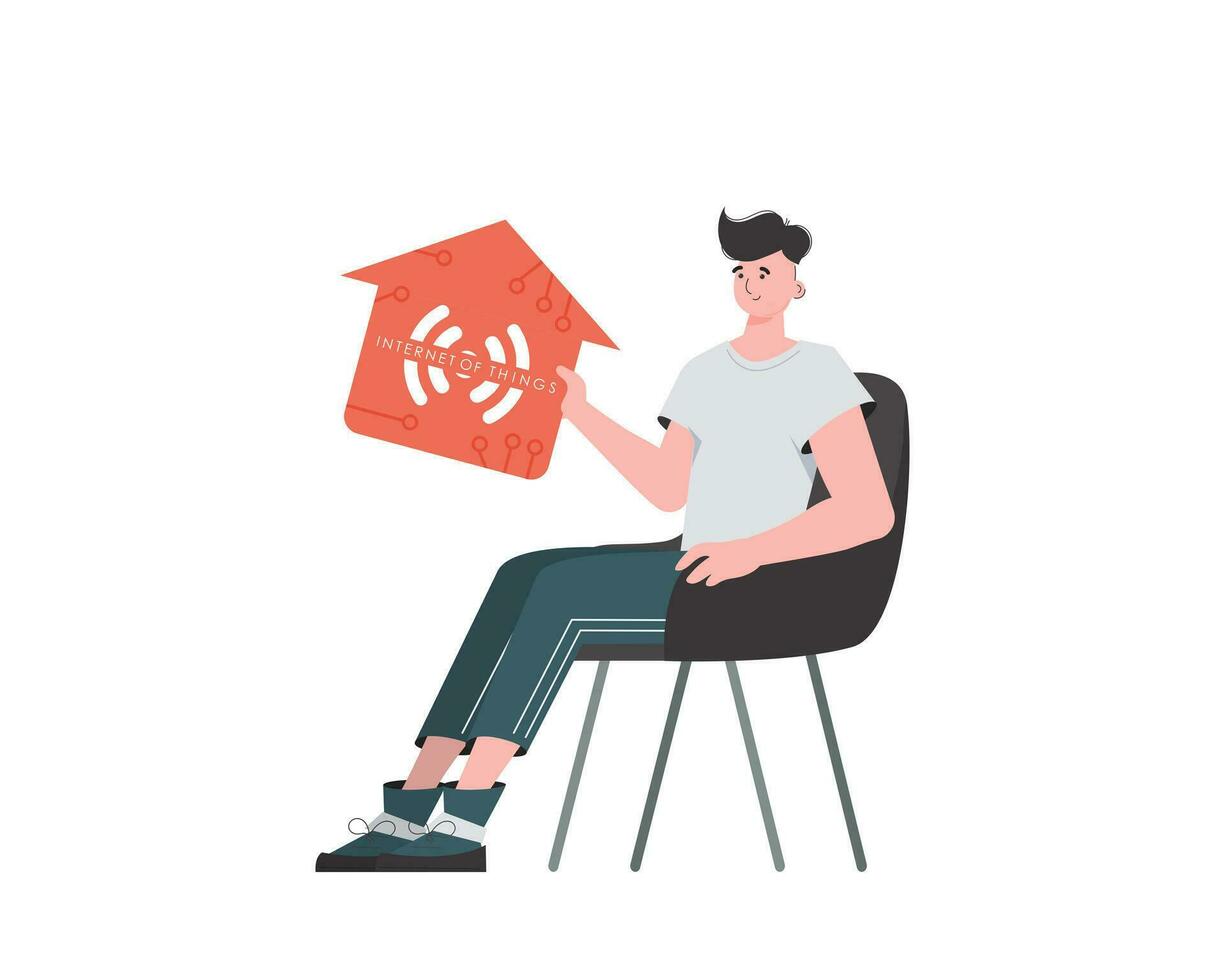 un hombre se sienta en un silla y sostiene un casa icono en su manos. iot concepto. aislado. vector ilustración en plano estilo.