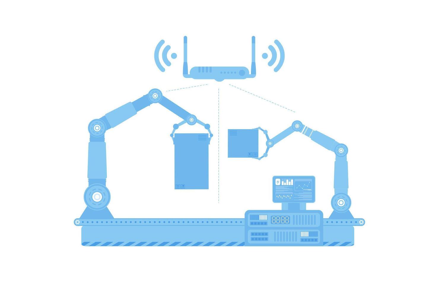 automático transportador línea con robótico brazo. el concepto de el Internet de cosas y automatización. aislado. vector. vector