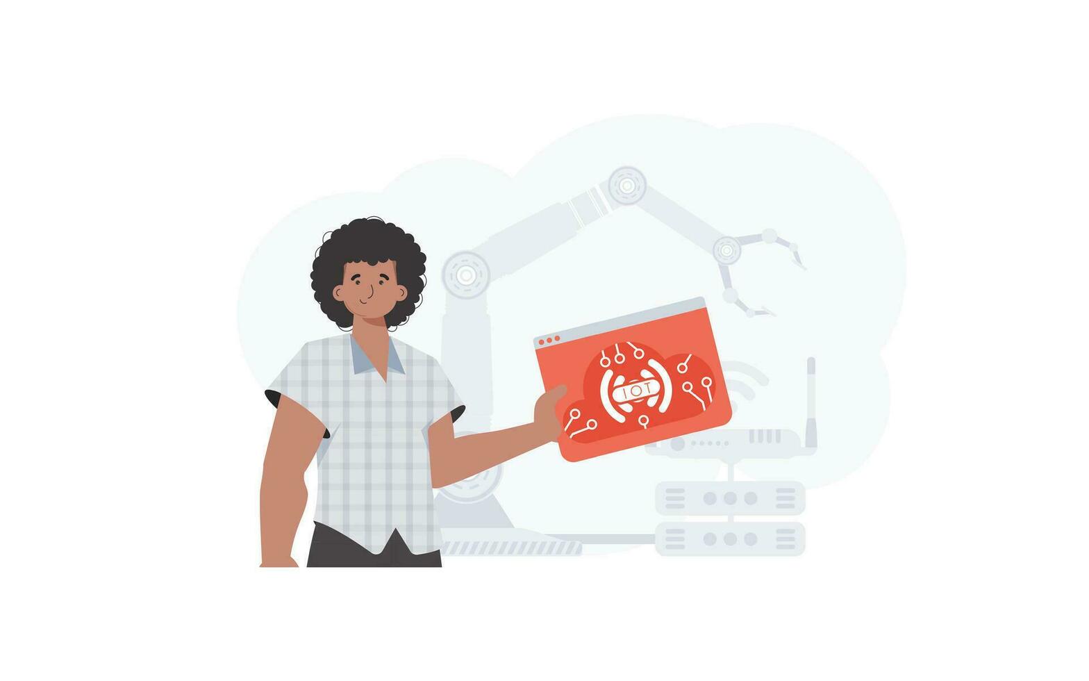The guy is holding an internet thing icon in his hands. Internet of things concept. Good for websites and presentations. illustration in trendy flat style. vector
