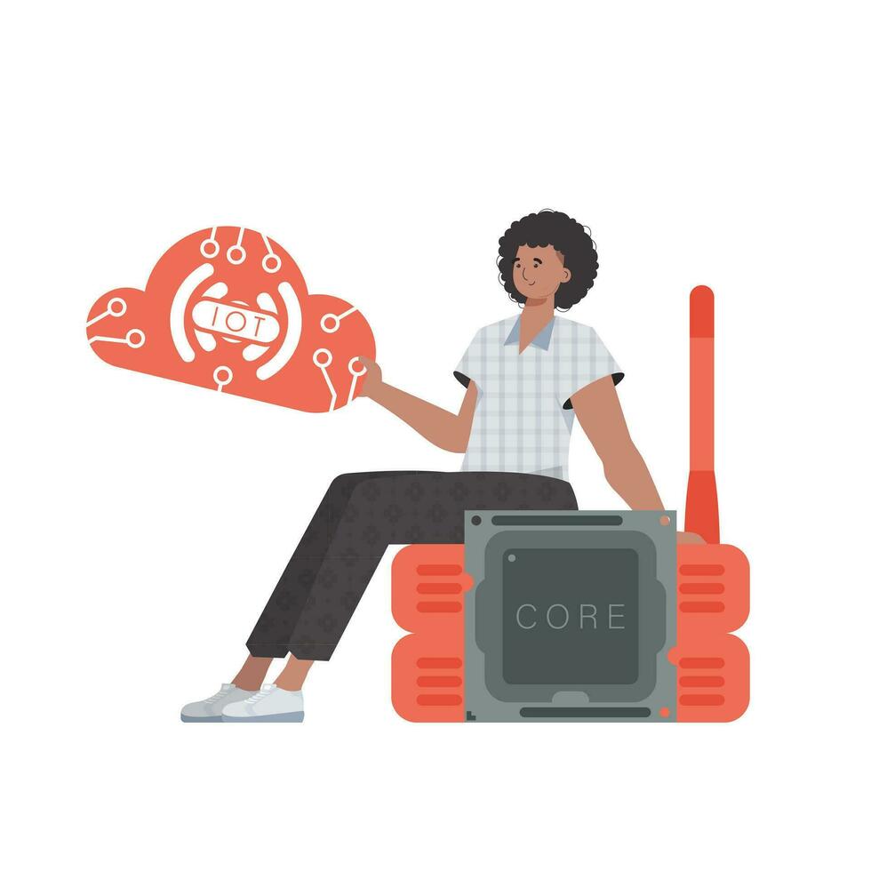 The guy sits on the router and holds the internet of things logo in his hands. IoT concept. Isolated. Vector illustration in trendy flat style.