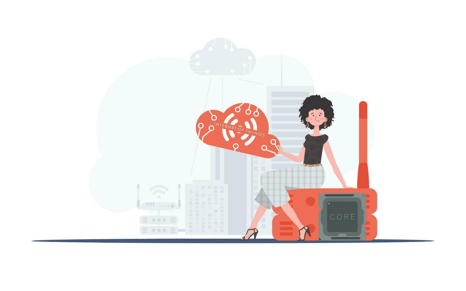 Internet de cosas y automatización concepto. un mujer se sienta en un enrutador y sostiene el Internet de cosas logo en su manos. vector ilustración en plano estilo.
