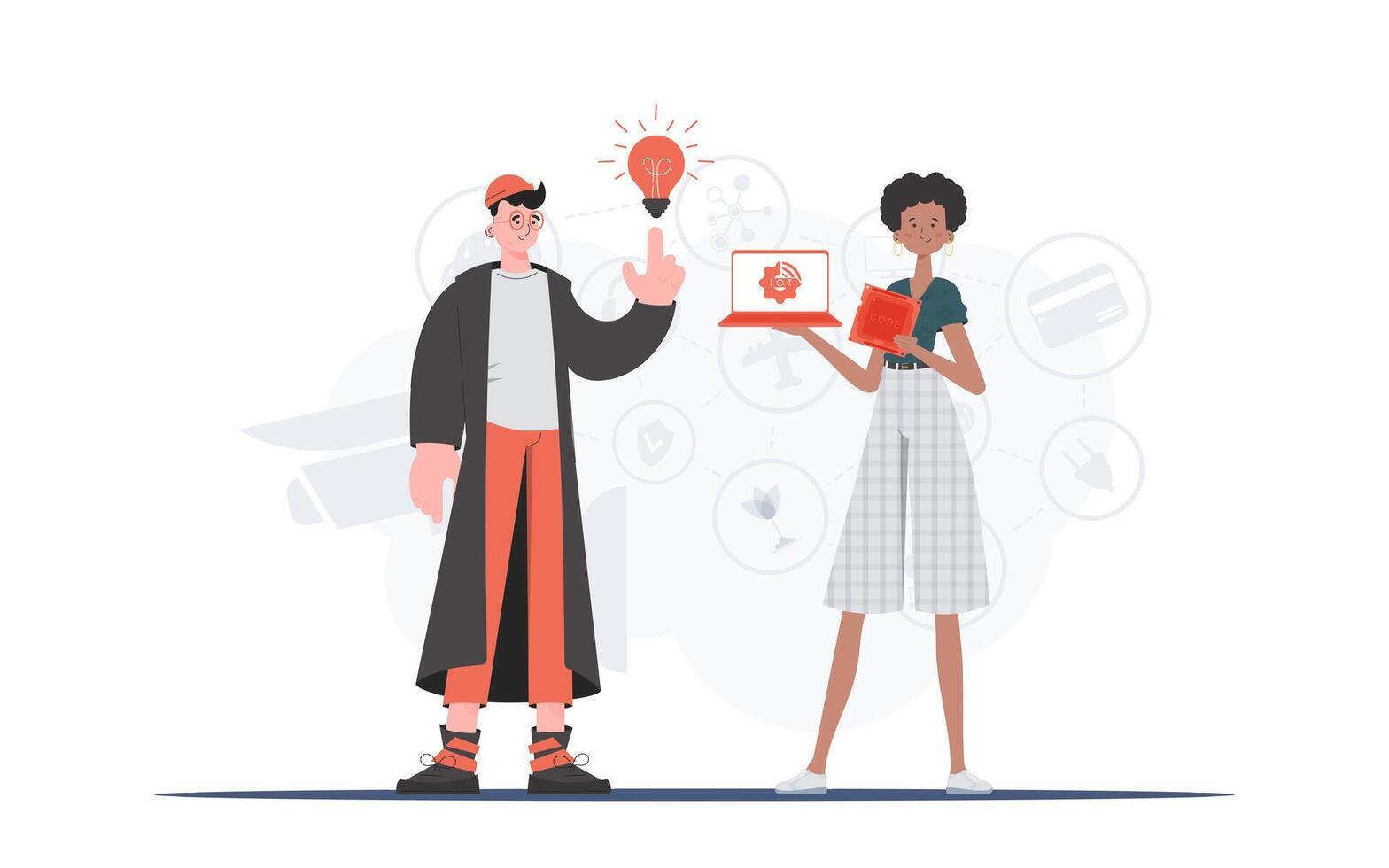 The girl and the guy are a team in the field of Internet of things. Internet of things concept. Good for presentations and websites. illustration in trendy flat style. vector