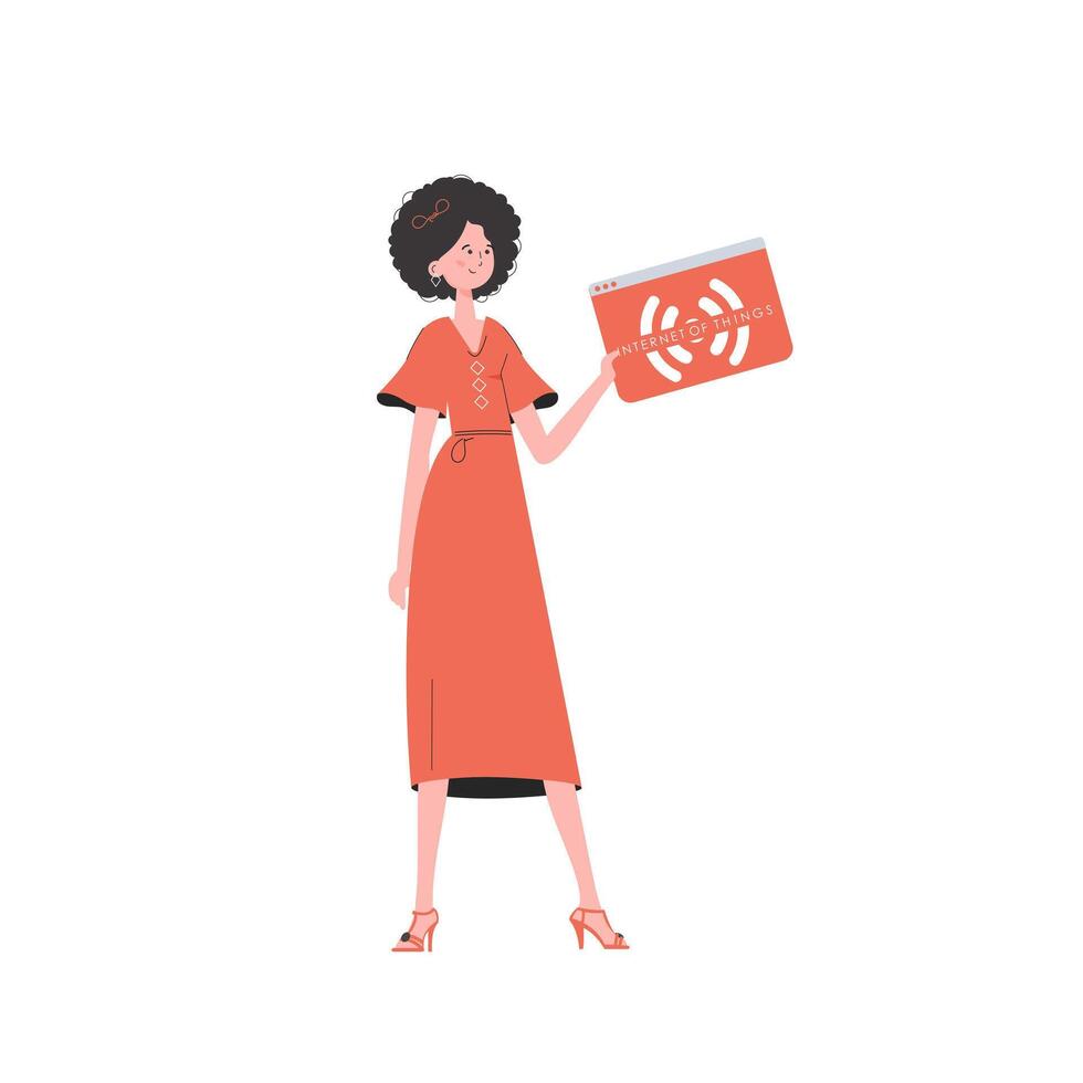 The girl is holding the IoT icon in her hands. Internet of things concept. Isolated. Vector illustration in trendy flat style.