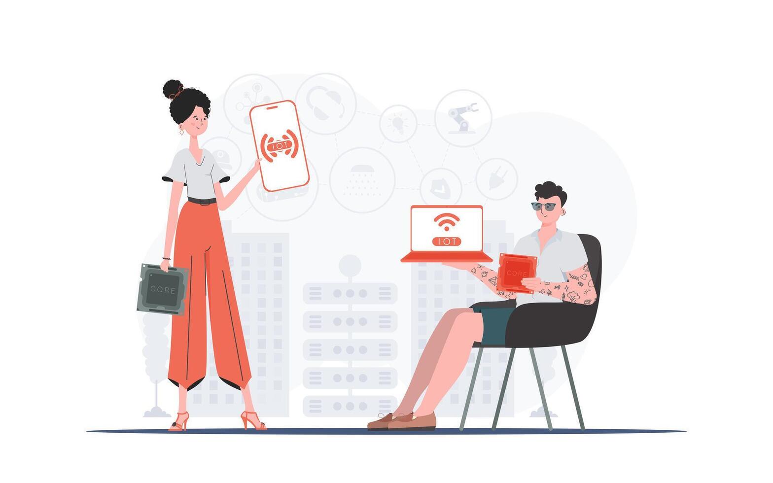 IOT and automation concept. The girl and the guy are a team in the field of Internet of things. Good for websites and presentations. Vector illustration in flat style.