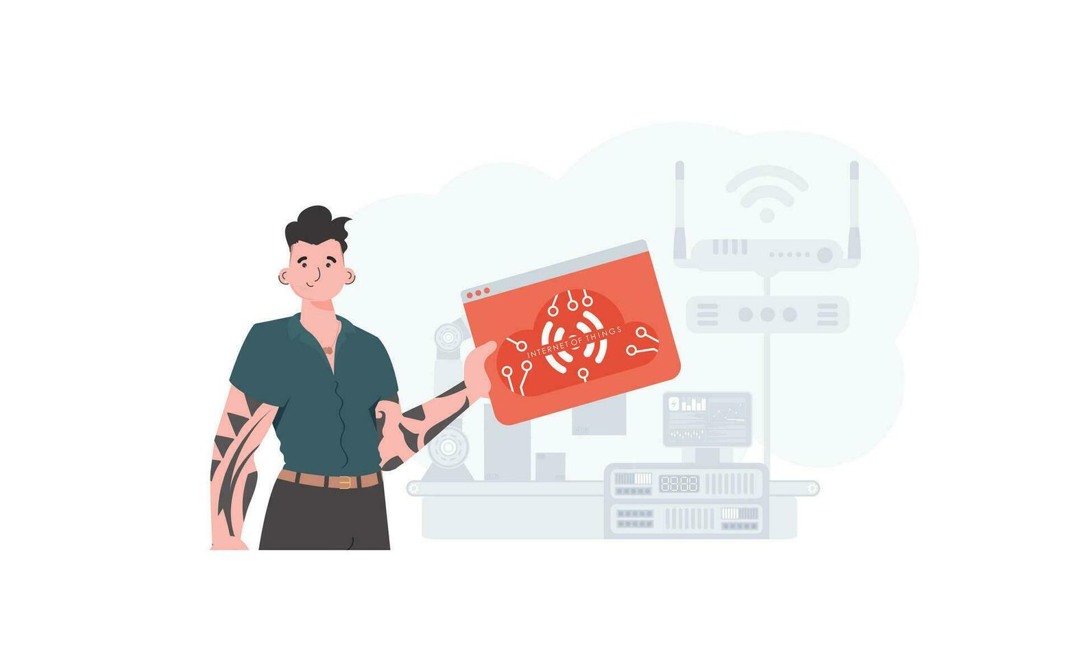 The guy is holding an internet thing icon in his hands. Internet of things concept. Good for websites and presentations. Vector illustration.