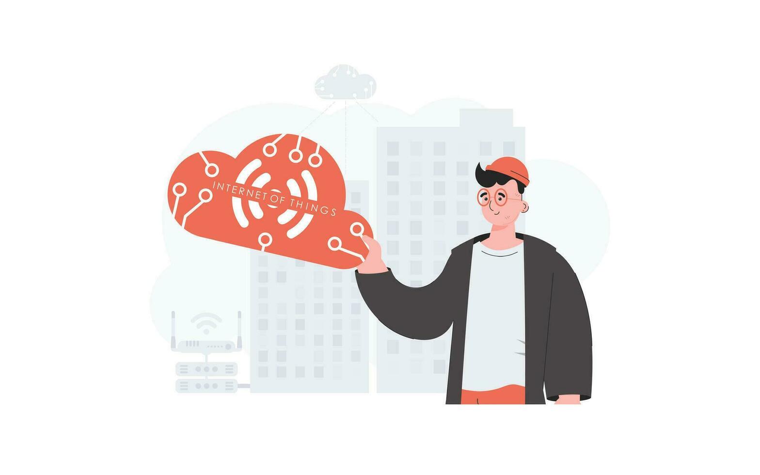 The guy is holding an internet thing icon in his hands. Internet of things and automation concept. Good for presentations and websites. Vector illustration in flat style.