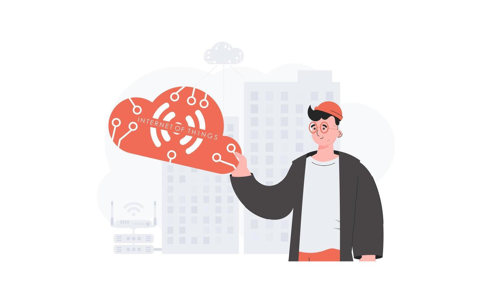 The guy is holding an internet thing icon in his hands. Internet of things and automation concept. Good for presentations and websites. illustration in flat style. vector