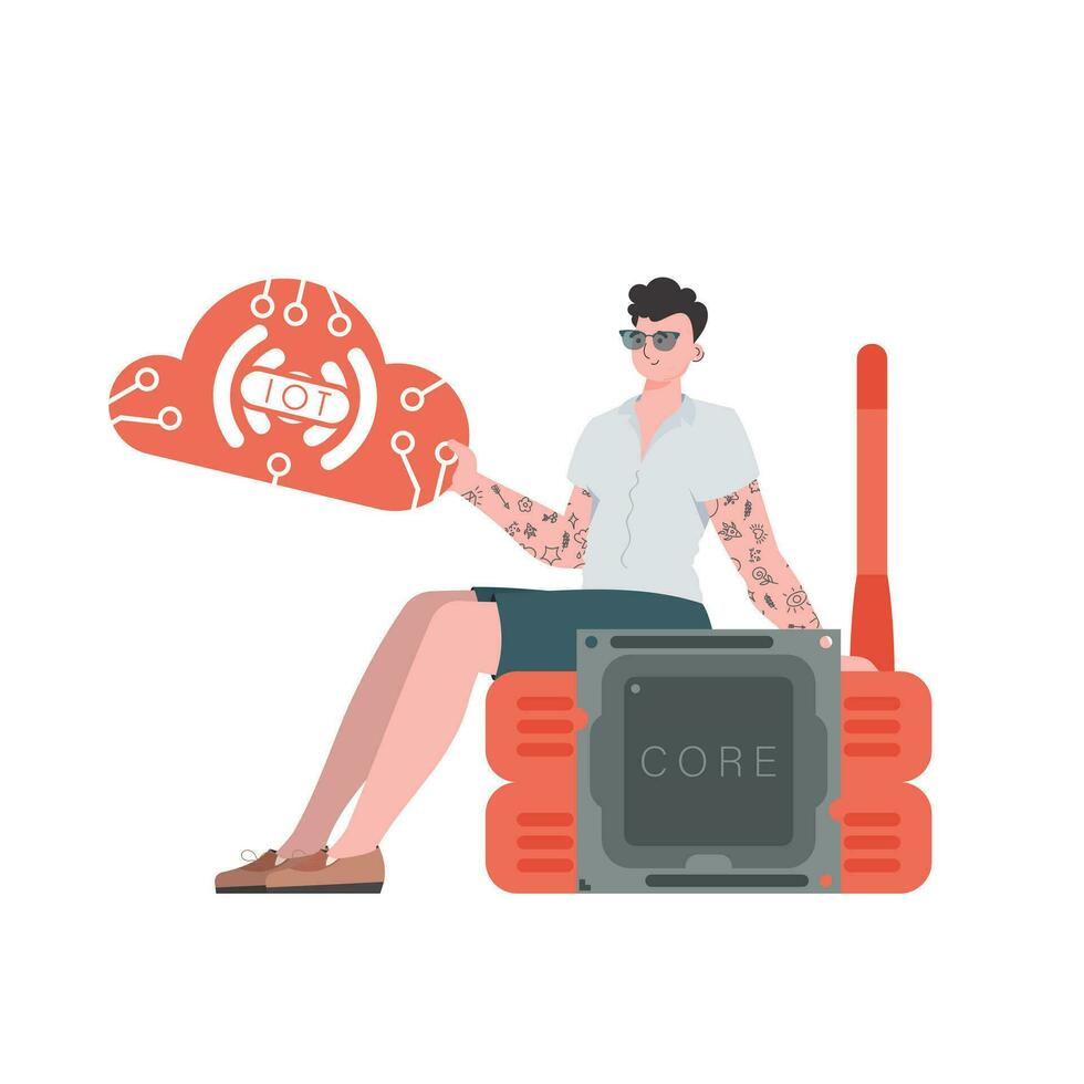 The guy sits on the router and holds the internet of things logo in his hands. IoT concept. Isolated. Trendy flat style. Vector. vector