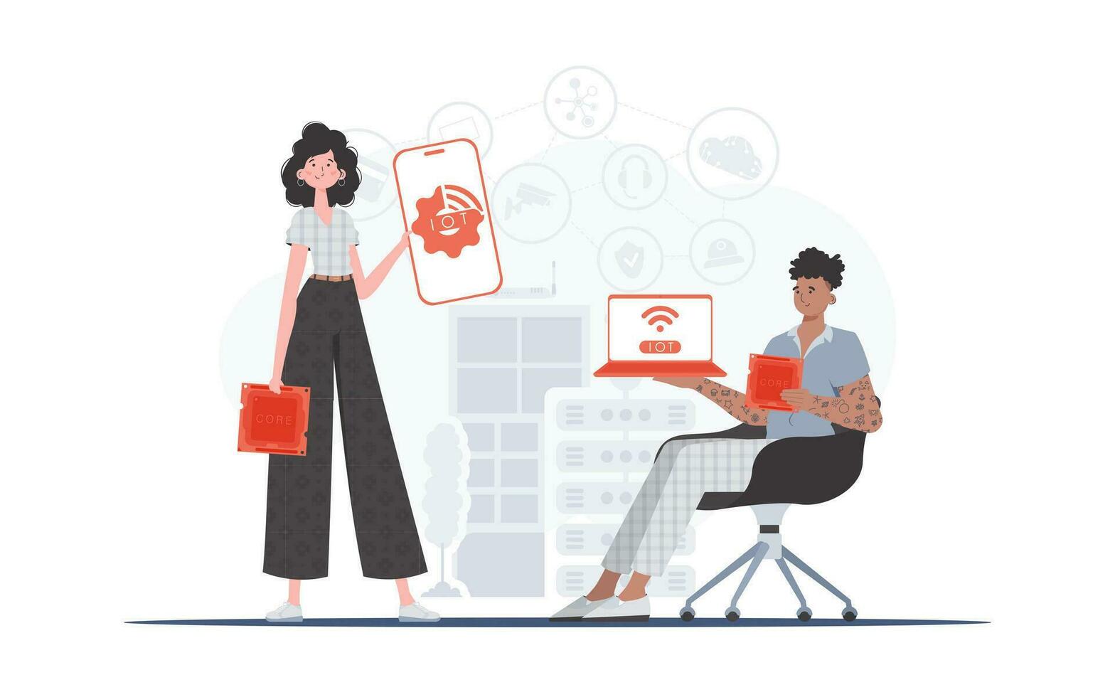 IOT and automation concept. The girl and the guy are a team in the field of Internet of things. Good for websites and presentations. Vector illustration in trendy flat style.