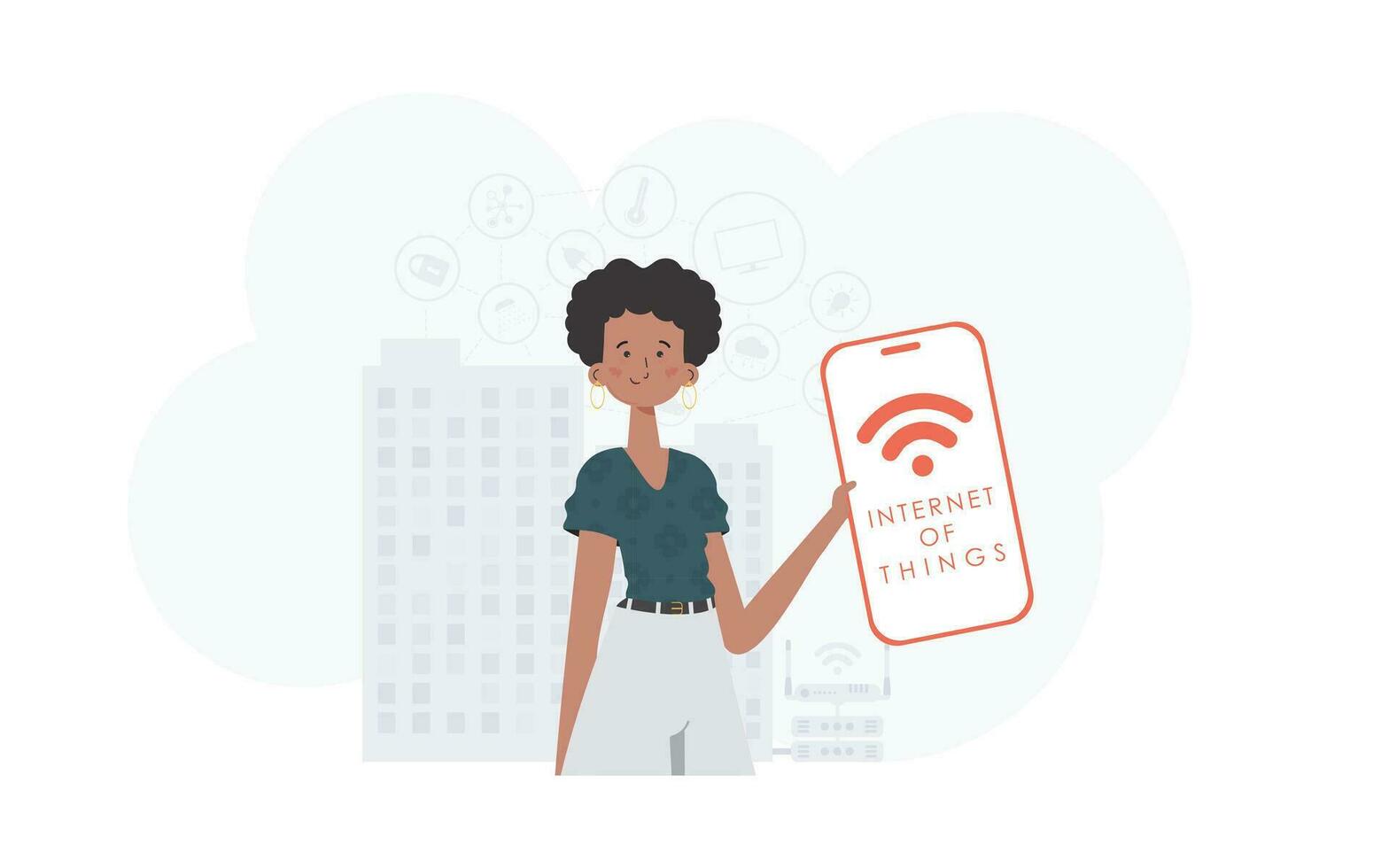 IoT concept. A woman holds a phone with the IoT logo in her hands. Vector. vector