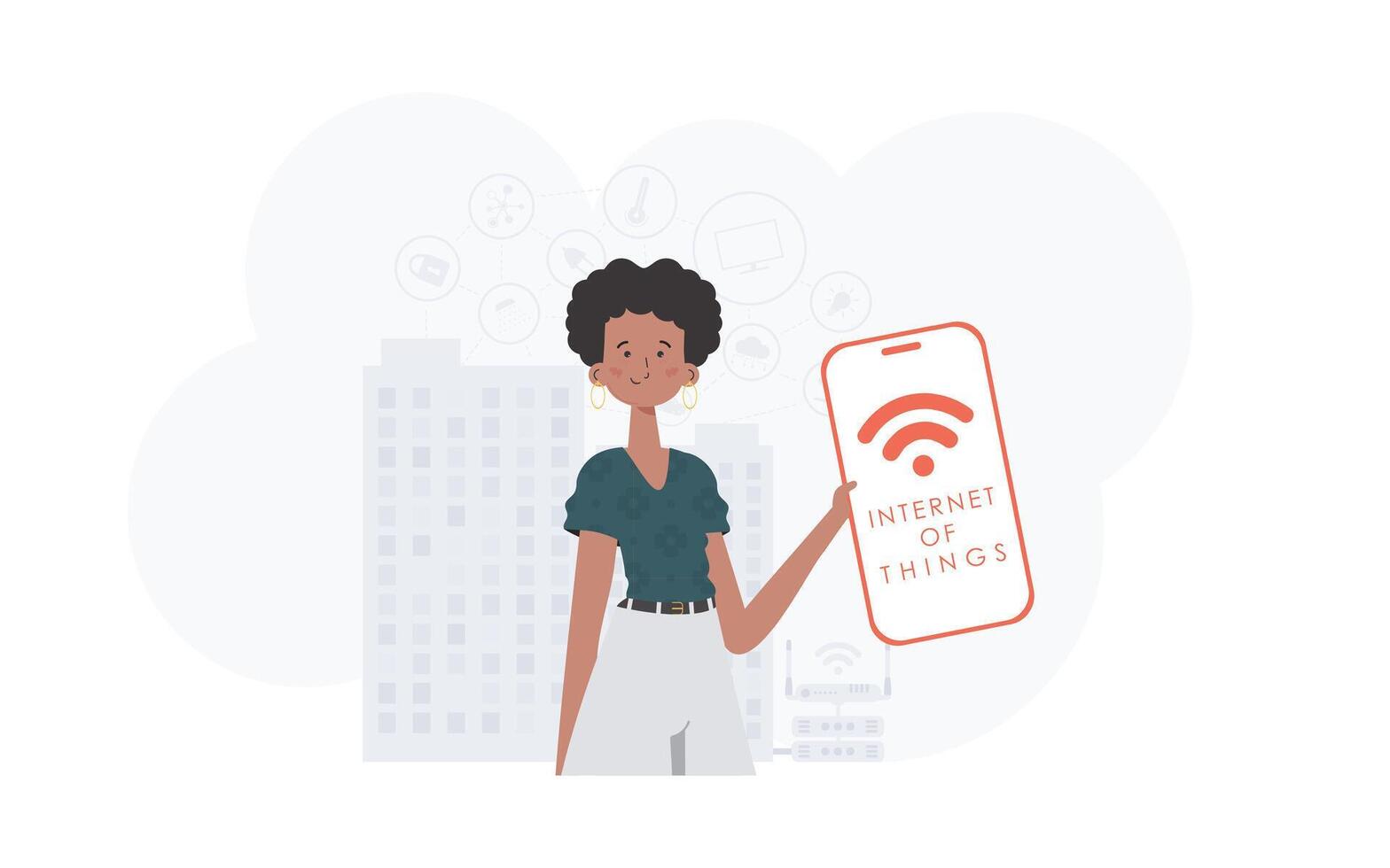 iot concepto. un mujer sostiene un teléfono con el iot logo en su manos. vector. vector