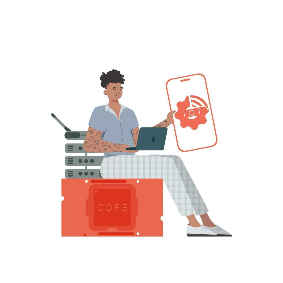 The guy is holding a phone with the IoT logo in his hands. IOT and automation concept. Vector illustration in trendy flat style.