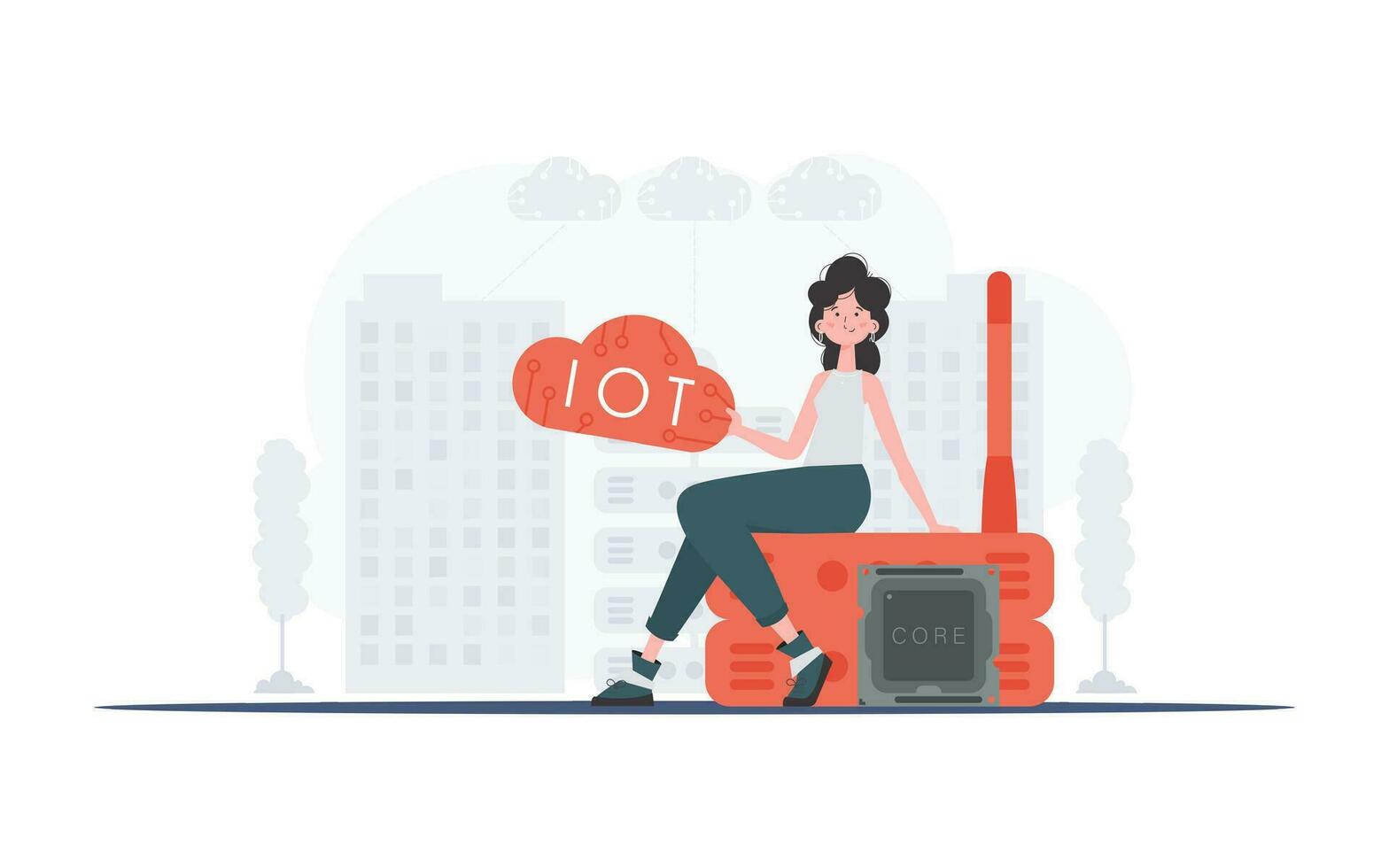 Internet de cosas concepto. un mujer se sienta en un enrutador y sostiene el Internet de cosas logo en su manos. vector ilustración en plano estilo.