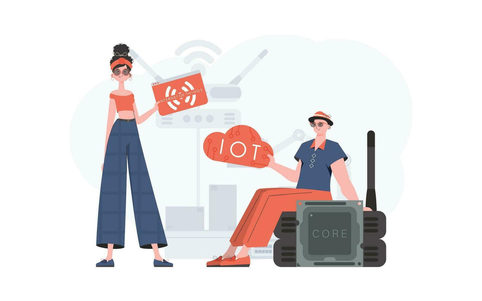 A man and a woman are a team in the field of the Internet of things. IOT and automation concept. Good for websites and presentations. Vector illustration in trendy flat style.