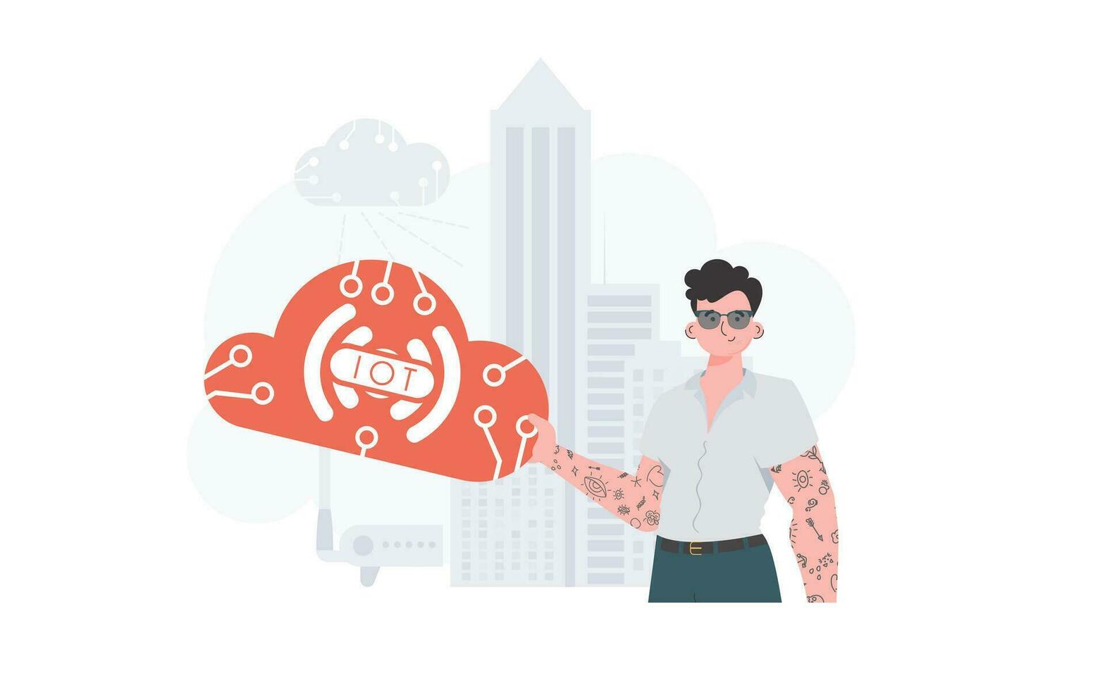The guy is holding an internet thing icon in his hands. Internet of things and automation concept. Good for websites and presentations. Trendy flat style. Vector. vector