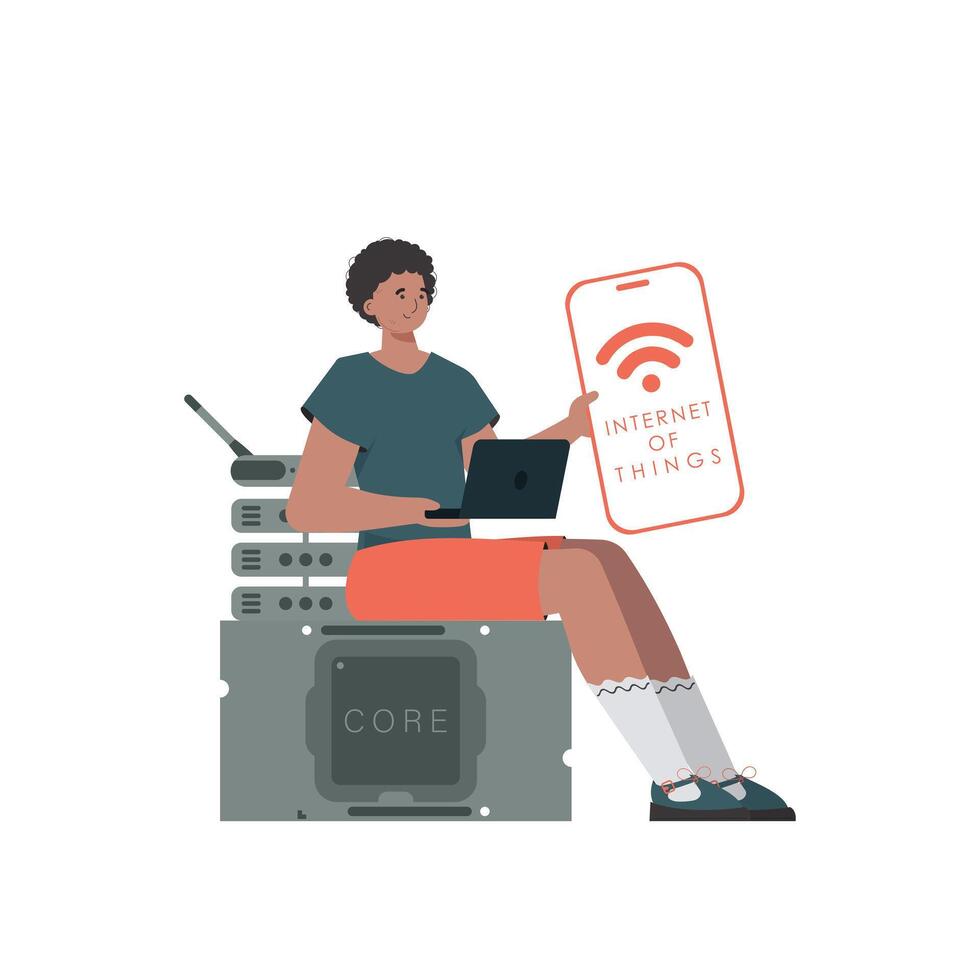 un hombre sostiene un teléfono con el iot logo en su manos. Internet de cosas concepto. vector ilustración en plano estilo.