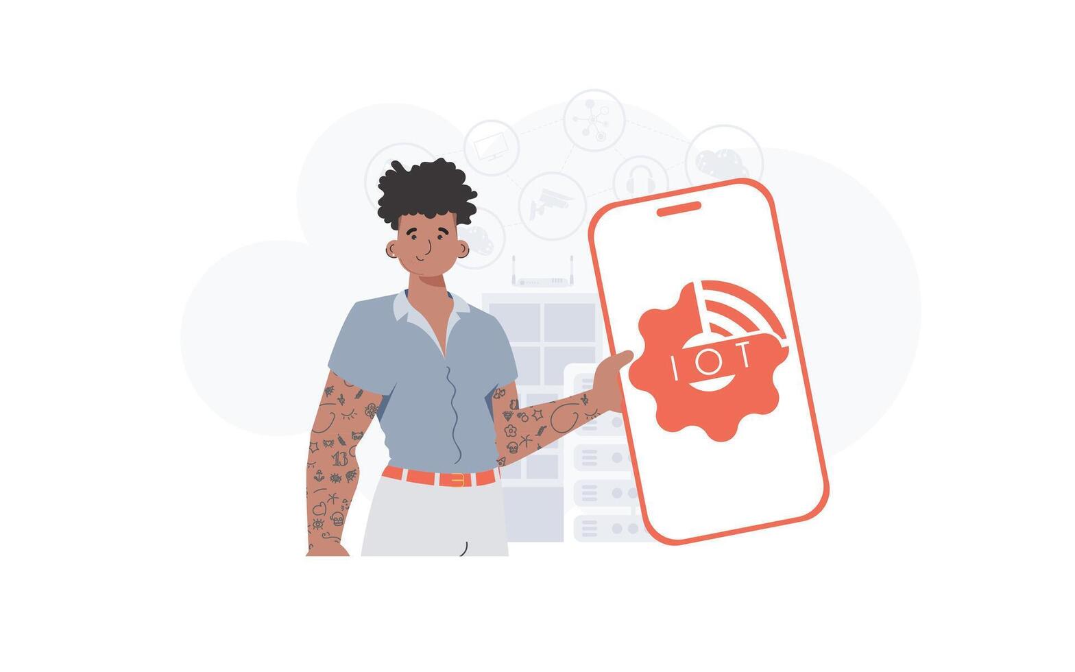 Internet de cosas y automatización concepto. un hombre sostiene un teléfono con el iot logo en su manos. de moda plano estilo. vector ilustración.