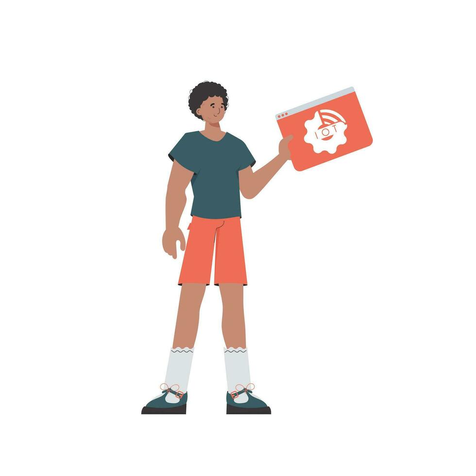 A man is holding an IoT icon in his hands. Internet of things concept. Isolated. Vector illustration in trendy flat style.