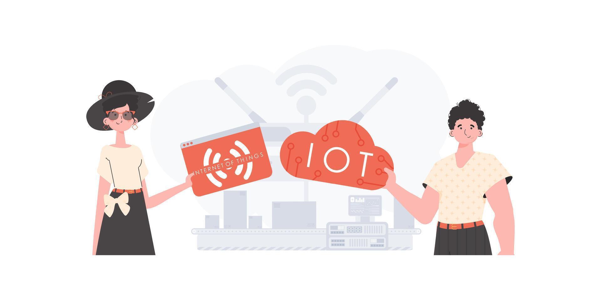 A man and a woman are a team in the field of the Internet of things. IoT concept. Good for websites and presentations. Trendy flat style. Vector. vector