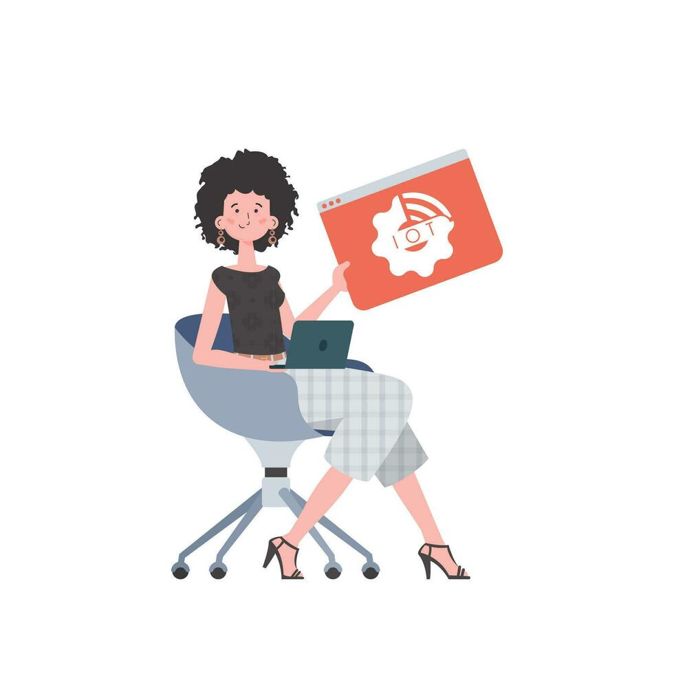 The girl is holding the IoT icon in her hands. Internet of things and automation concept. Isolated. Vector illustration in flat style.