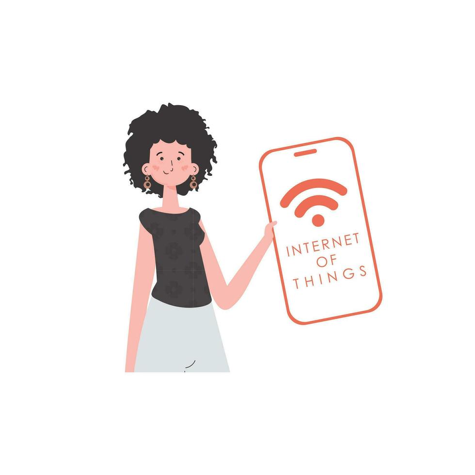 A woman holds a phone with the IoT logo in her hands. IOT and automation concept. Vector illustration in flat style.