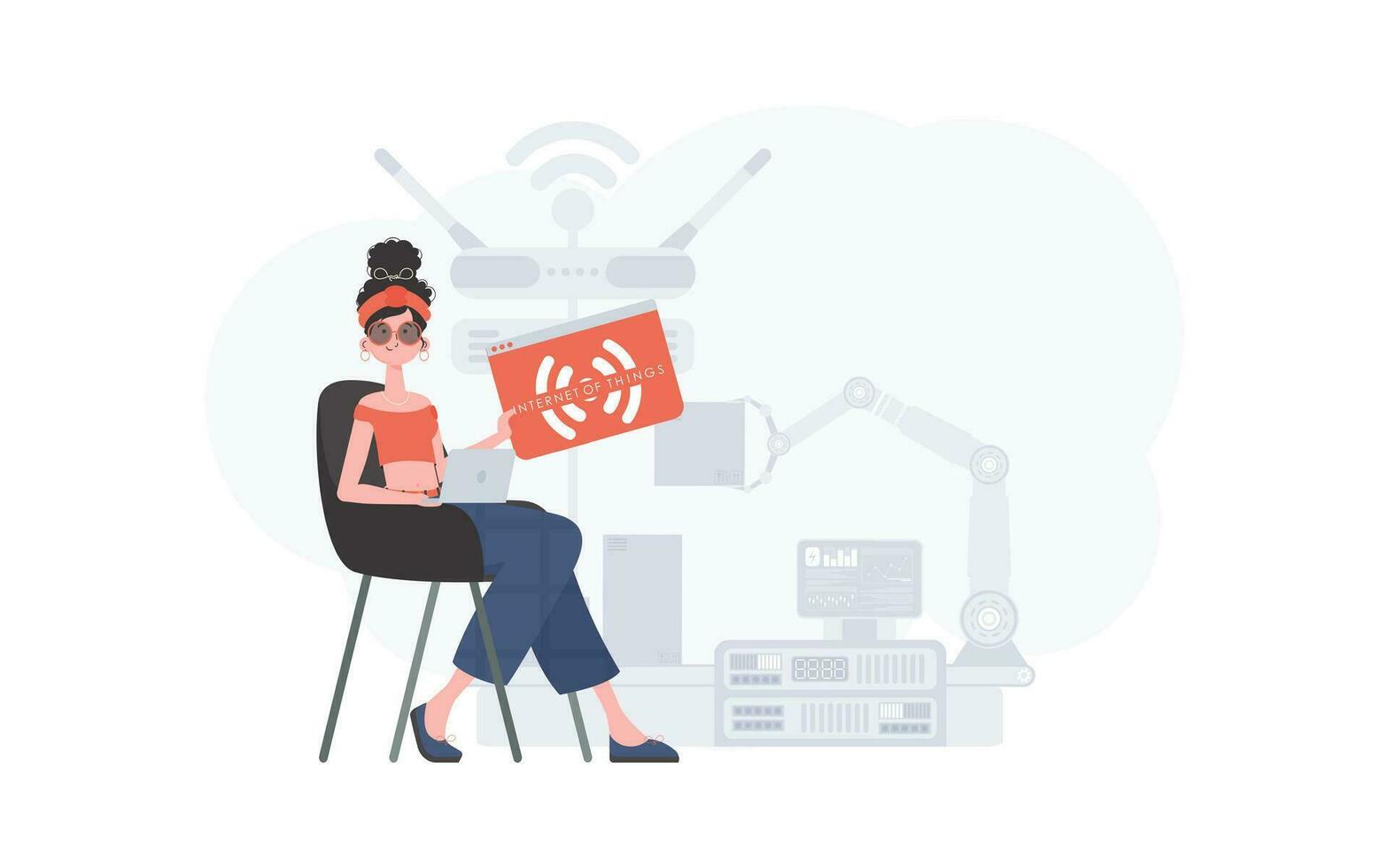 A woman is holding an internet thing icon in her hands. IoT concept. Good for presentations and websites. Trendy flat style. Vector. vector