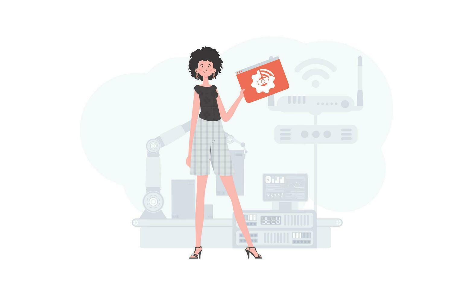 un mujer es participación un Internet cosa icono en su manos. Internet de cosas concepto. bueno para sitios web y presentaciones vector ilustración en de moda plano estilo.