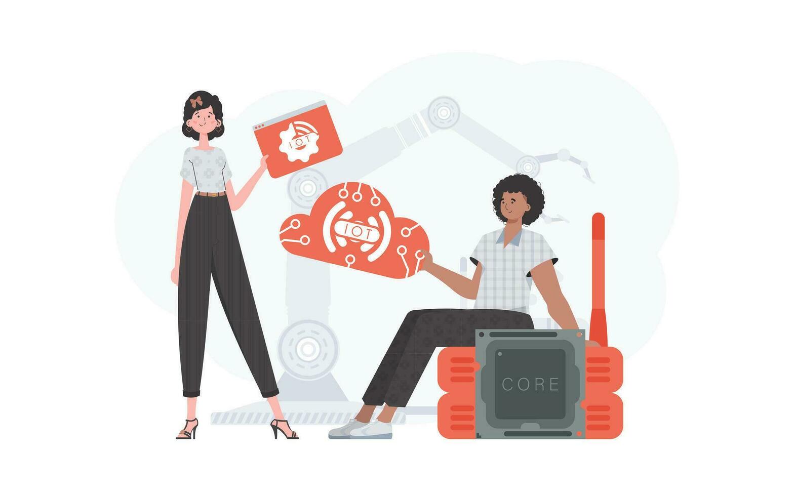 A man and a woman are a team in the field of the Internet of things. IoT concept. Good for presentations and websites. Vector illustration in flat style.