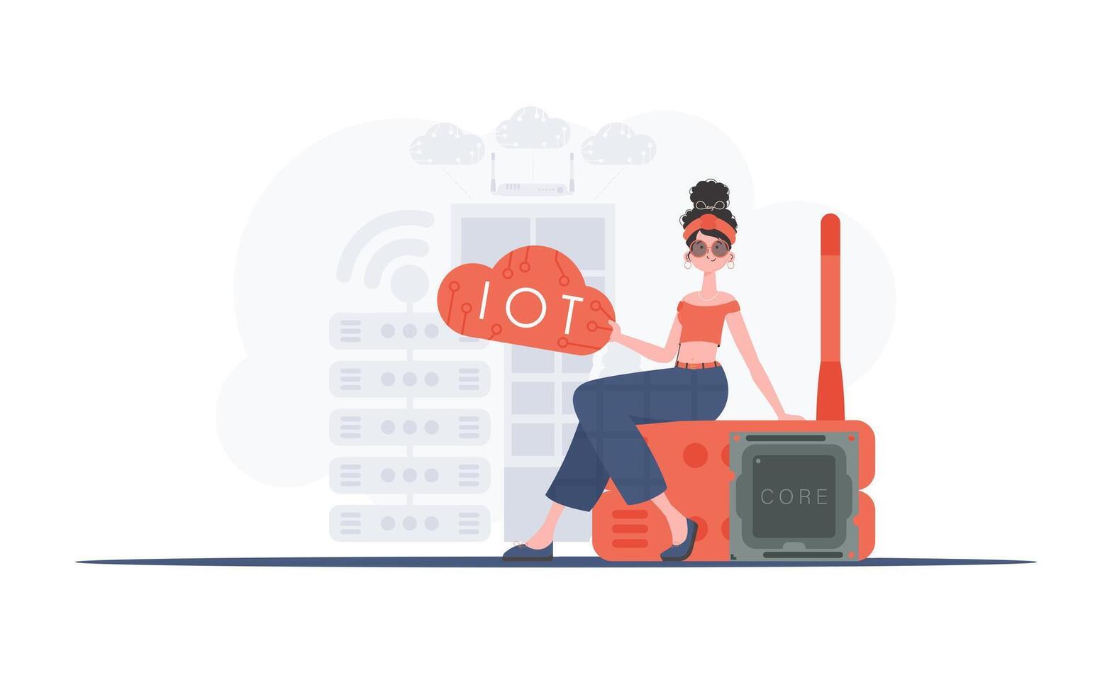 Internet of things concept. A woman sits on a router and holds the internet of things logo in her hands. illustration. vector