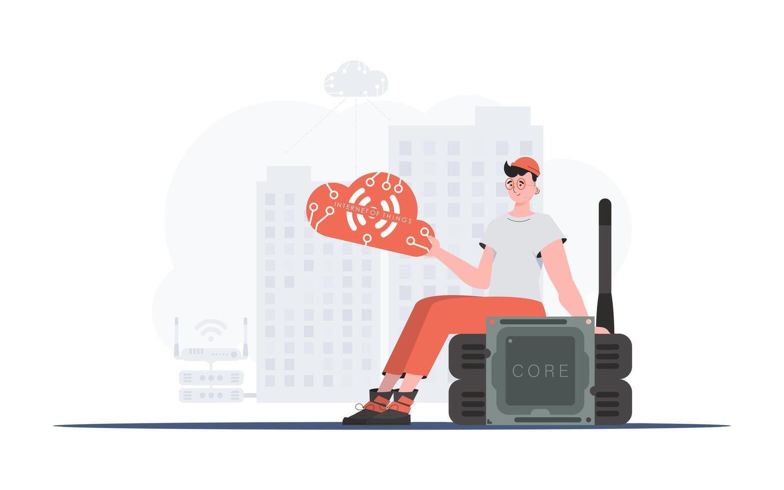 Internet of things and automation concept. The guy sits on the router and holds the internet of things logo in his hands. illustration in flat style. vector