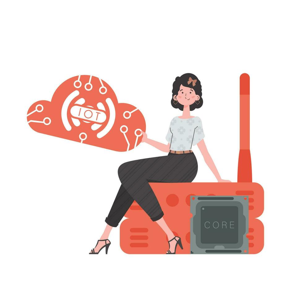 un mujer se sienta en un enrutador y sostiene el Internet de cosas logo en su manos. iot concepto. aislado. vector ilustración en plano estilo.