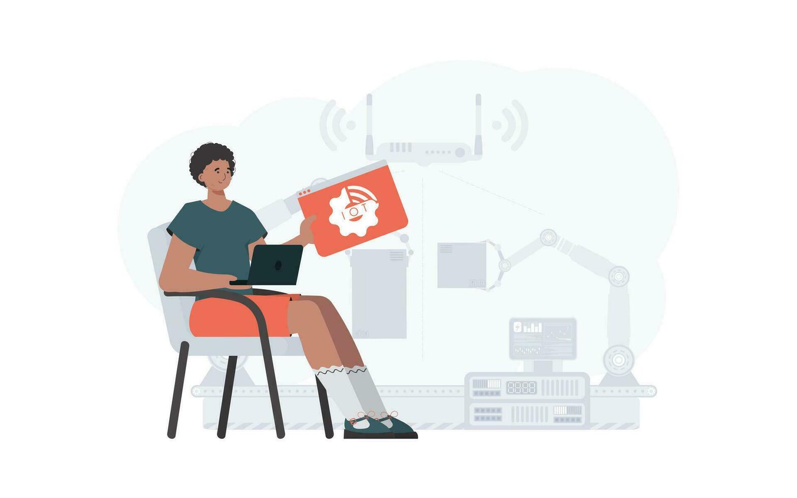 The guy is holding an internet thing icon in his hands. Internet of things concept. Good for websites and presentations. Vector illustration in trendy flat style.