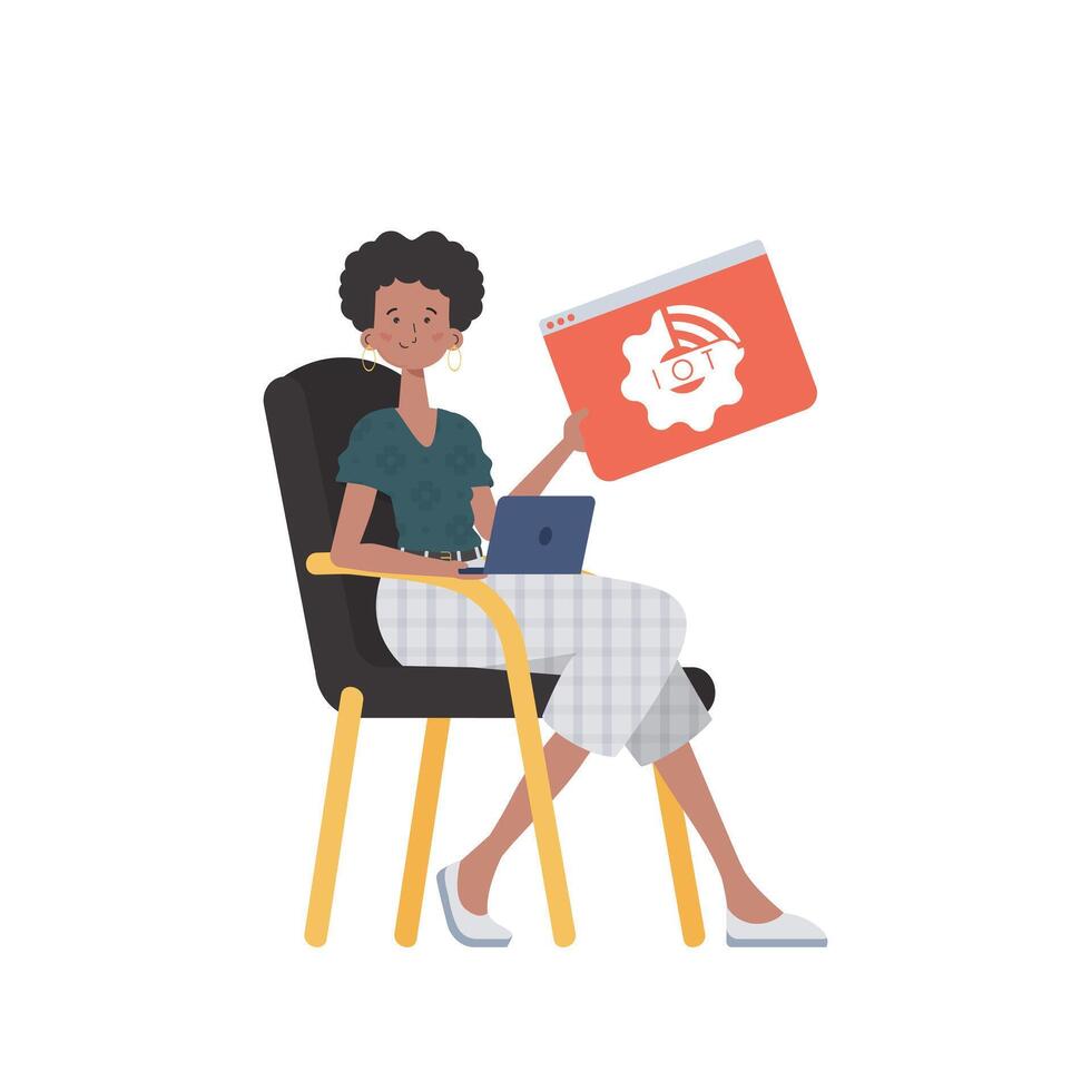 The girl is holding the IoT icon in her hands. Internet of things and automation concept. Isolated. illustration in trendy flat style. vector